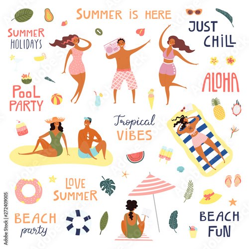 Set of happy people on the beach, quotes, drinks, fruits, palm leaves. Hand drawn vector illustration. Isolated objects on white background. Flat style design. Concept, element summer poster, banner.