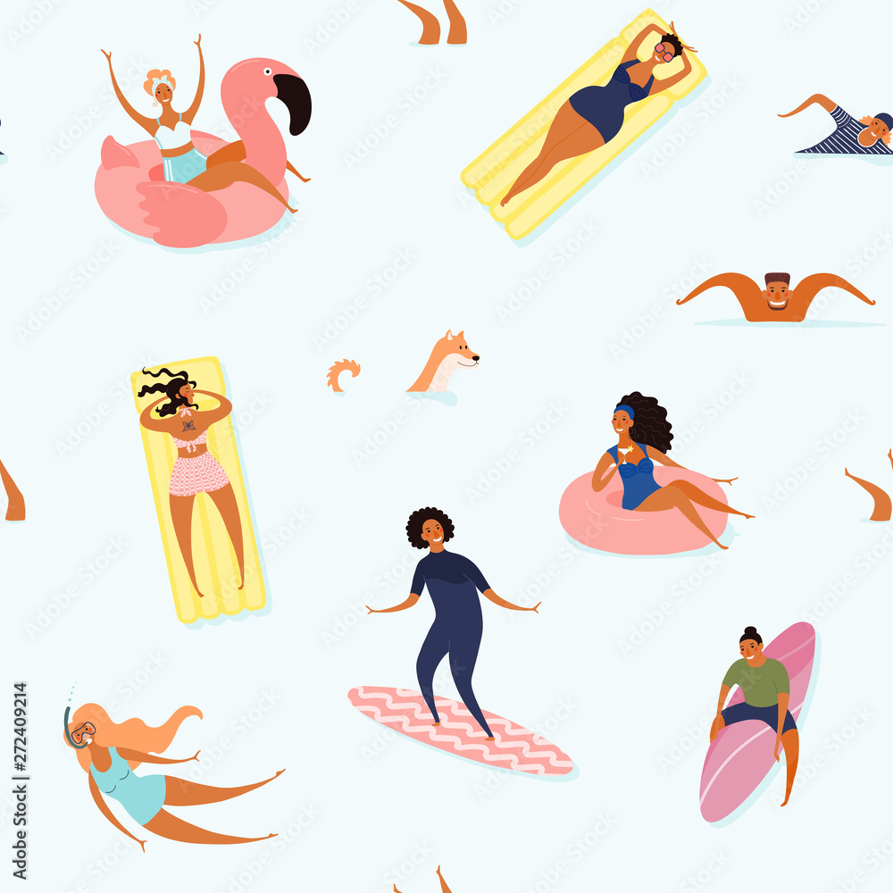 Hand drawn seamless vector pattern with happy young people in the sea, swimming, surfing, sunbathing, on a blue background. Flat style design illustration. Concept for textile print, wallpaper, paper. Hand drawn seamless vector pattern with happy young people in the sea, swimming, surfing, sunbathing, on a blue background. Flat style design illustration. Concept for textile print, wallpaper, paper.