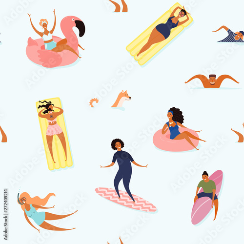 Hand drawn seamless vector pattern with happy young people in the sea, swimming, surfing, sunbathing, on a blue background. Flat style design illustration. Concept for textile print, wallpaper, paper.