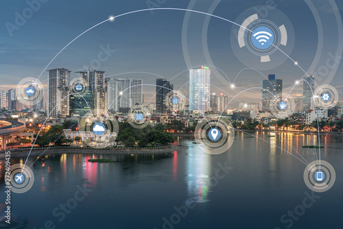 Smart city and wireless communication network concept. Digital network connection lines of Hanoi at Hoang Cau lake