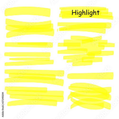 Hand drawn highlight marker lines set. Highlighter yellow strokes vector isolated on white background. Highlighter drawing design illustration.