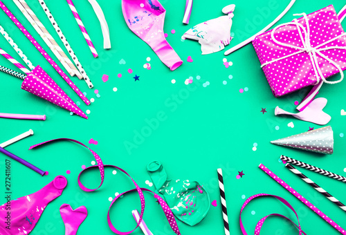 Celebrate,party background concepts ideas with colorful element,gift box present,confetti,balloon.Flat lay