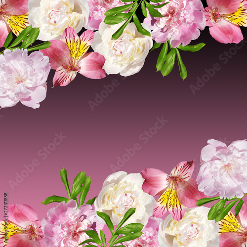 Beautiful floral background of alstroemeria and peonies. Isolated