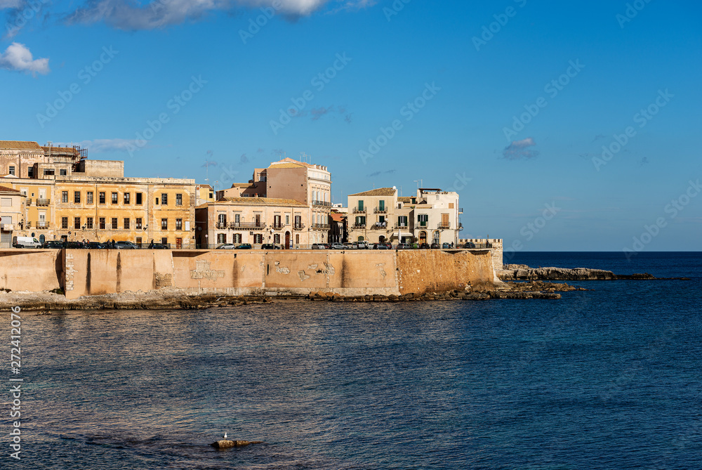 The Ortygia Island (Isola di Ortigia) in Syracuse city (Siracusa) with the Mediterranean Sea. Sicily, Italy, South Europe