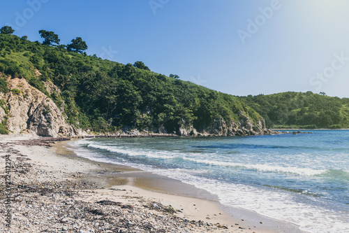 Beatiful beach with turquoise water and white sand in far east of Russia