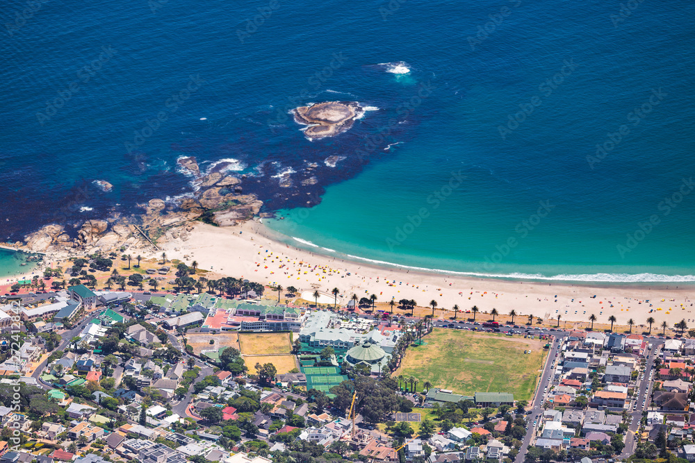 View of beautiful Camps Bay beach from top of Table Mountain in Cape Town
