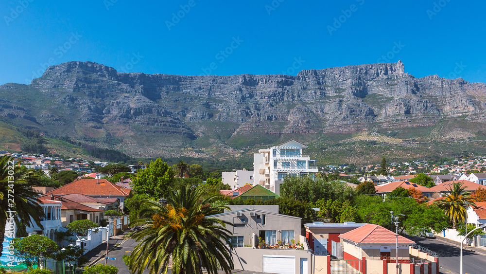 Cape Town residential area view and Table Mountain above the city