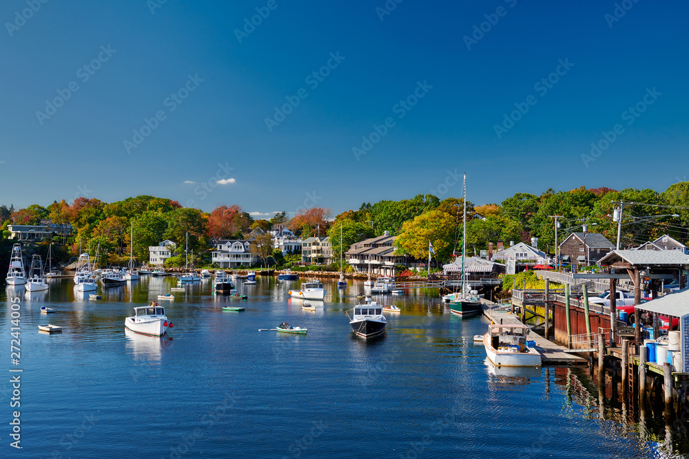 Fishing boats docked in Perkins Cove, Ogunquit, on coast of Maine south of Portland, USA