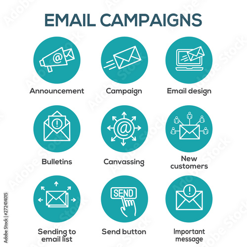 Email marketing campaigns icon set with email list, announcement, send button