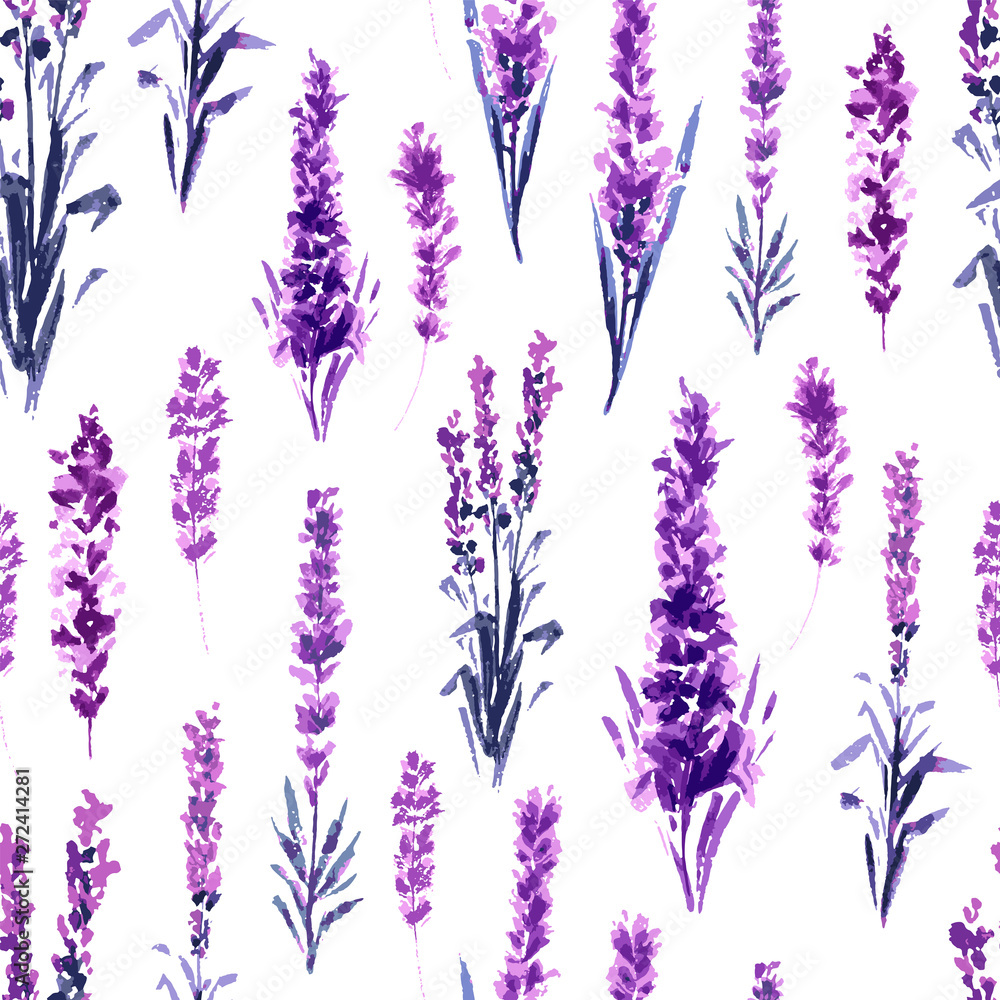 Fototapeta premium Lavender Field Seamless Pattern. Watercolor or Aquarelle Paintings of Provence Lavandula. Hand Drawn Tea Herbs Flower. Summer Blossom or Foliage of Garden Plant in Aquarelle. Nature and Perfume.