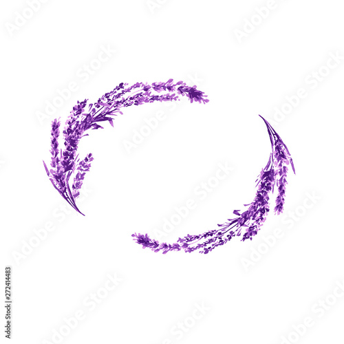 Lavender flower round twig watercolor illustration. Circle lavender frame. Decoration floral design. Love and marriage. Valentines day. Lavender twig wedding symbol. Isolated raster