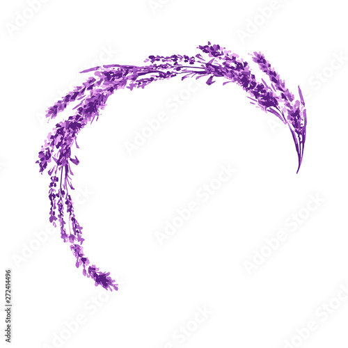 Lavender flower round twig watercolor illustration. Circle lavender frame. Decoration floral design. Love and marriage. Valentines day. Lavender twig wedding symbol. Isolated raster