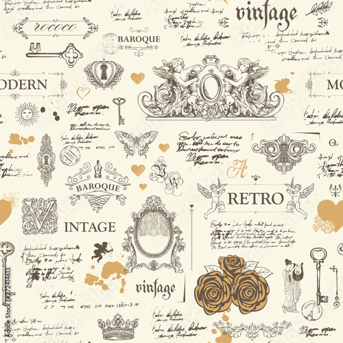Vector seamless pattern, hand drawn background on the theme of vintage art objects, furniture and Antiques in retro style. Wallpaper, wrapping paper, textile, fabric or background for clothes