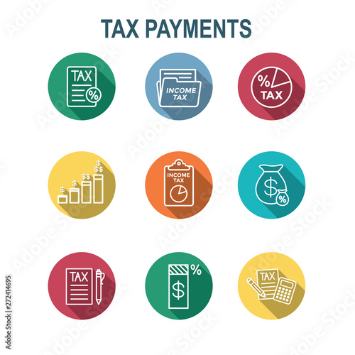 Tax concept with percentage paid, icon and income idea. Flat vector outline illustration.