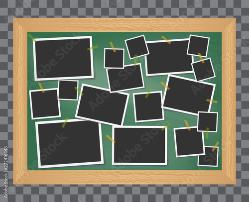 Items pinned to a school message board with wood frame, ready for your customized text or images. Stick note. Blank worksheet exercise book. Empty photo frame. The school Board. 
