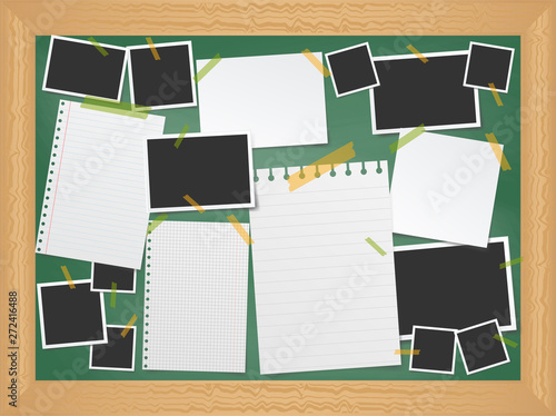 Items pinned to a school message board with wood frame, ready for your customized text or images. Stick note. Blank worksheet exercise book. Empty photo frame. The school Board. 