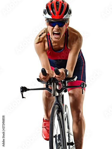 one caucasian woman practicing triathlon triathlete ironman studio shot isolated on white background