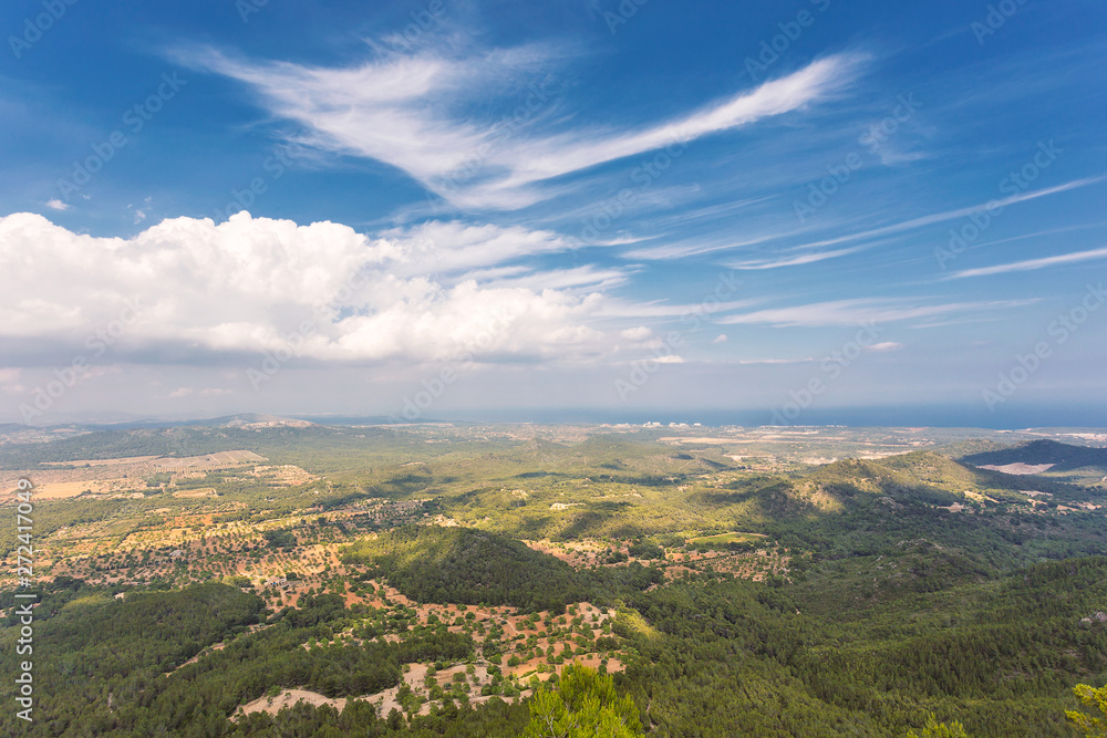 Mallorca island nature view with hills and forests from the mountain in Felanitx