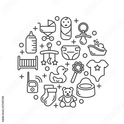 Line design with baby care elements isolated on white background. Vector illustration.