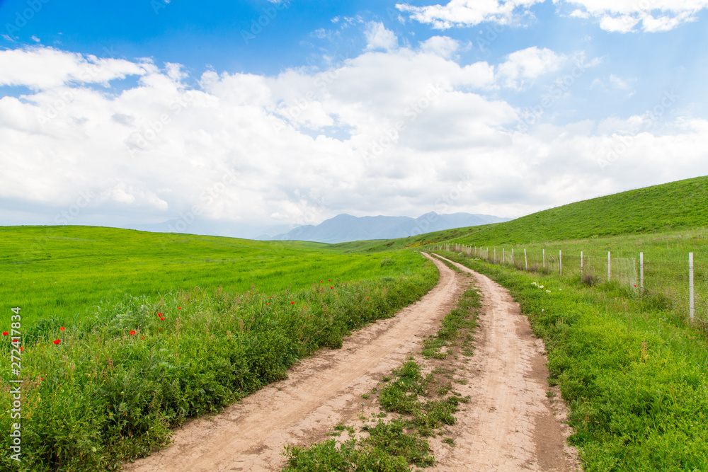 Beautiful spring and summer landscape. Mountain country road among green hills. Beautiful spring and summer landscape. Mountain country road among green hills.