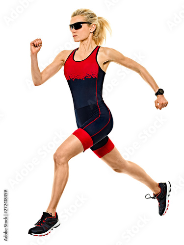 one caucasian woman practicing triathlon triathlete ironman runner running jogger jogging in studio shot isolated on white background