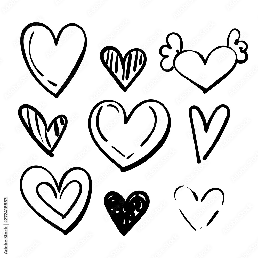 Set of doodles hearts. Grunge stamps collection. Love shapes for your design. Textured Valentine's Day signs. Romantic love symbols set for greeting valentines card element. Hand drawn.