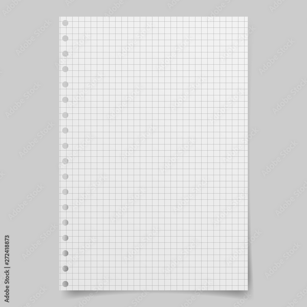 Realistic vector illustration of blank sheets of square paper from a block isolated on a gray background with shadows. Notebook paper Realistic vector illustration of blank sheets of square paper from a block isolated on a gray background with shadows. Notebook paper