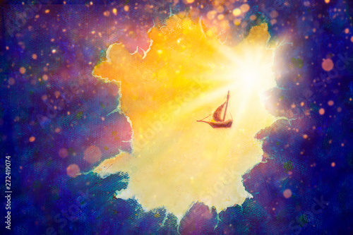 fantasy scenery, Peter Pan's flying ship flies through space through portal of time, style acrylic art, illustration, oil painting