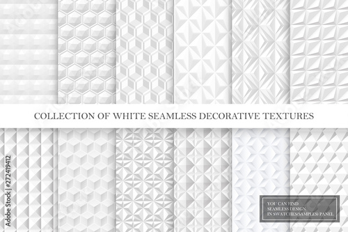 Collection of white and gray tile seamless decorative textures. Geometric repeatable backgrounds. Vector 3d patterns