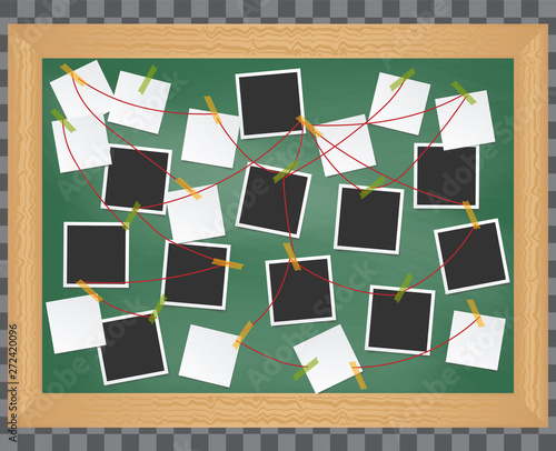 Investigation, evidence board. Crime investigation concept. Realistic 3d Detailed Investigation Board or Detective Map with Pinned Photos and Note. Detective map vector illustration.