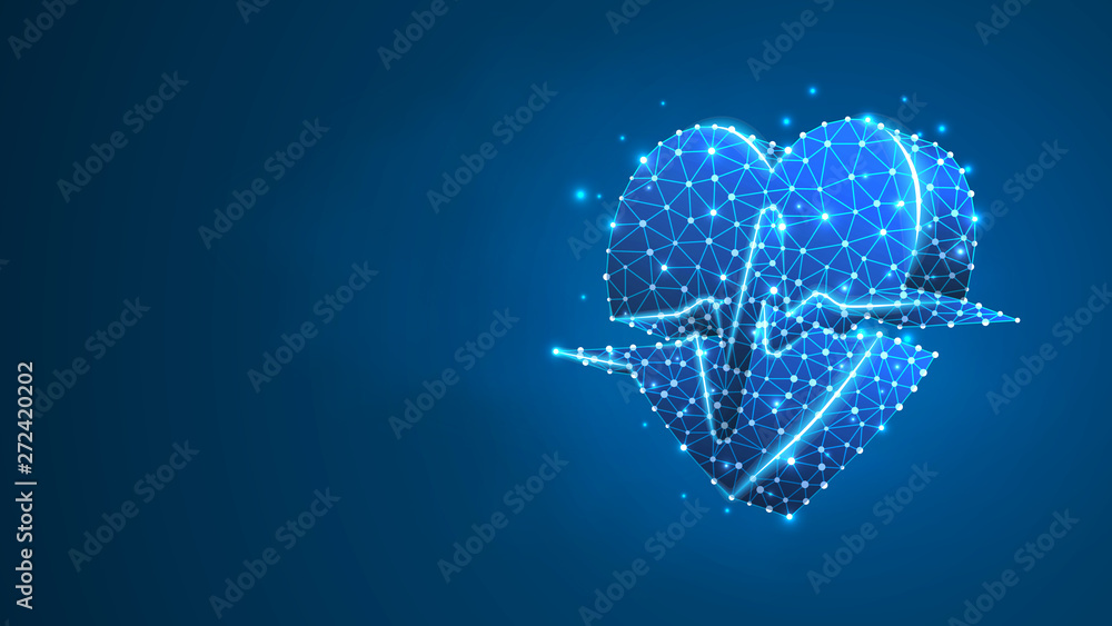Heart with pulse line. Polygonal technology concept of healthcare, cardio check. Abstract, digital, wireframe low poly mesh vector blue neon 3d illustration. Triangle line dot