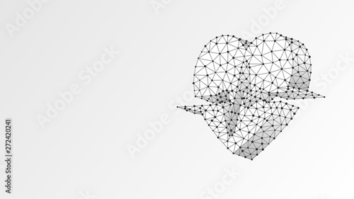 Heart with pulse line. Polygonal technology concept of healthcare, cardio check. Abstract, digital, wireframe low poly mesh vector white origami 3d illustration. Triangle line dot