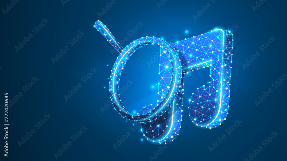 Magnifying glass on Music note. Sound analysis, business safety, musical research concept. Abstract, digital, wireframe low poly mesh vector blue neon 3d illustration. Triangle line dot