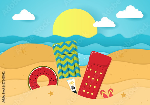Cool summer sea and beach. Paper cut Hello Summer banner. Top view of Summer beach with sun umbrella, rubber ring in donut form, picnic mat, coconut tree, hat and sea wave on sandy beach