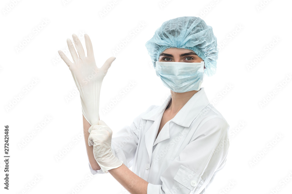 Doctor putting on gloves isolated on white