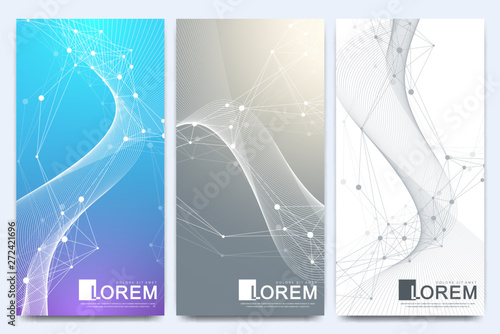 Modern set of vector flyers. Geometric presentation. Molecule and communication background for medicine, science, technology. Scientific cybernetic particle compounds. Lines plexus. Card surface.