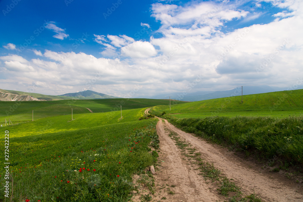 Beautiful spring and summer landscape. Mountain country road among green hills. Beautiful spring and summer landscape. Mountain country road among green hills.