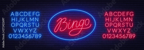 Bingo neon sign on brick wall background. Neon alphabet . Vector illustration.