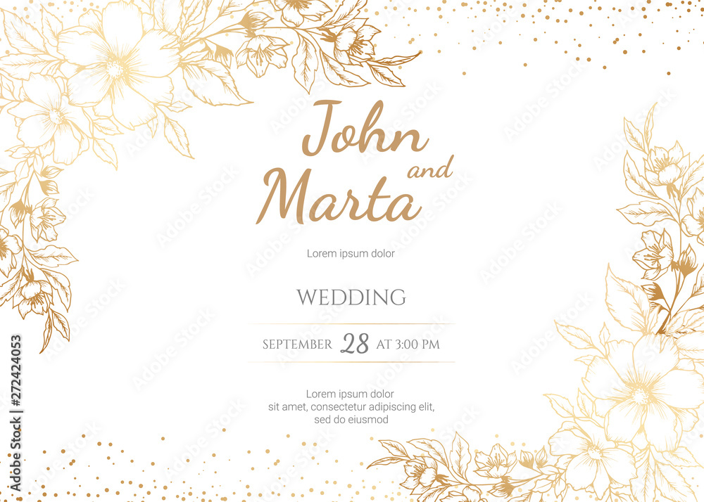 Wedding Invitation with Gold Flowers and gold geometric line design. background with geometric golden frame. Cover design with an ornament of golden leaves. vector eps8 Wedding Invitation with Gold Flowers and gold geometric line design. background with geometric golden frame. Cover design with an ornament of golden leaves. vector eps8