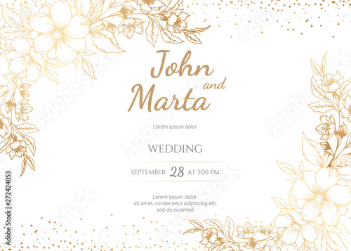 Wedding Invitation with Gold Flowers and gold geometric line design. background with geometric golden frame. Cover design with an ornament of golden leaves. vector eps8