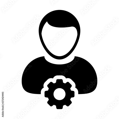 Support icon vector male person profile avatar with gear cogwheel for settings and configuration in flat color glyph pictogram illustration