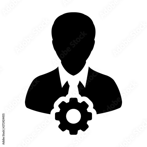Configuration icon vector male person profile avatar with gear cogwheel for settings in flat color glyph pictogram illustration