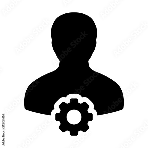 Cogwheel for settings and configuration icon vector male person profile avatar with hardhat helmet in flat color glyph pictogram illustration
