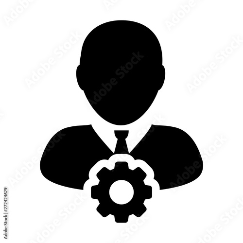 Labor icon vector male person profile avatar with gear cogwheel for settings and configuration in flat color glyph pictogram illustration