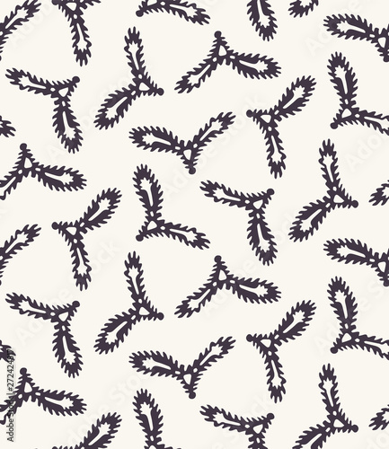 Seamless vector pattern. Hand drawn seed leaf branch. Repeating simple nature background. Monochrome surface design textile swatch, modern black white wallpaper. Hipster minimal style all over print.