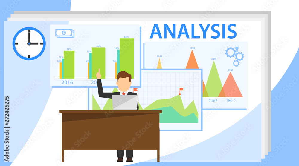 Business analysis infographics. A man sits at a table with a laptop and analyzes. Vector illustration of marketing Business analysis infographics. A man sits at a table with a laptop and analyzes. Vector illustration of marketing