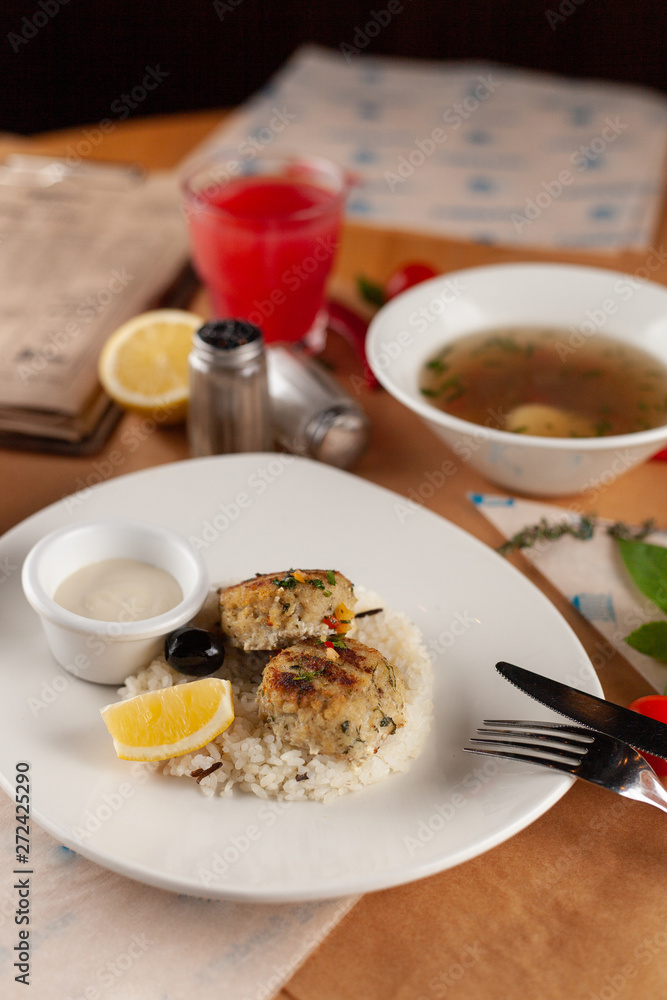 Cutlets with steamed rice for a nutritious lunch out Cutlets with steamed rice for a nutritious lunch out
