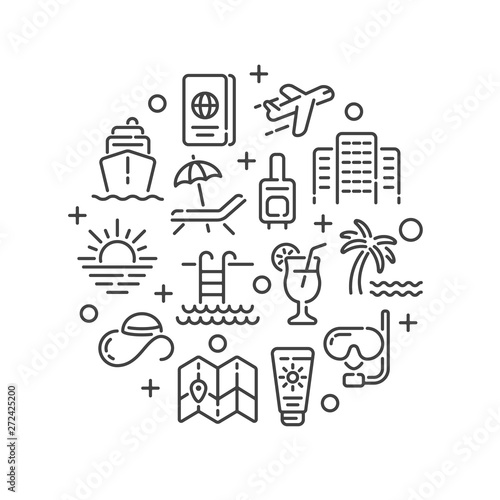 Line design with summer vacation or travel elements isolated on white background. Vector illustration.