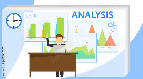 Business analysis infographics. A man sits at a table with a laptop and analyzes. Vector illustration of marketing © Dmitry