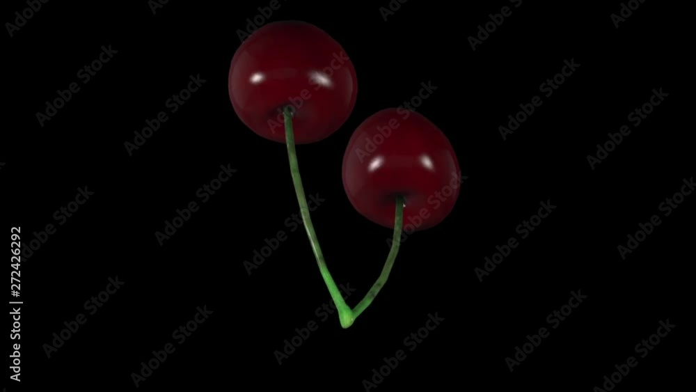 Spinning cherry or cherries on a black background. Animation 3D